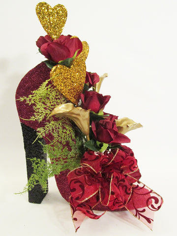 burgundy roses high heel shoe Valentine centerpiece