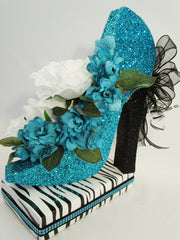 white rose high heel shoe centerpiece - side view - Designs by Ginny