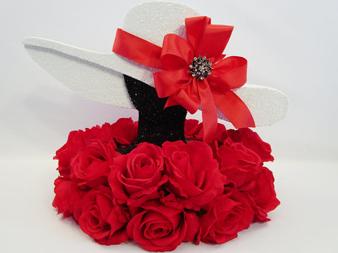 Floppy hat with silk red roses centerpiece - Designs by Ginny