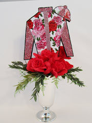 jockey silk red roses with silver vase centerpiece - Designs by Ginny