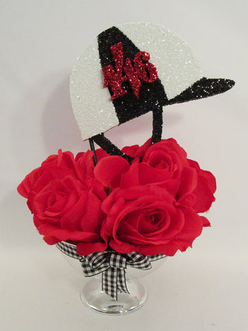 Red roses and jockey cap centerpiece - Designs by Ginny