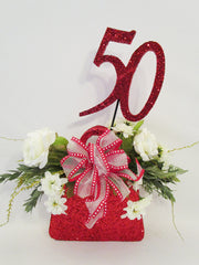 red purse centerpiece - Designs by Ginny