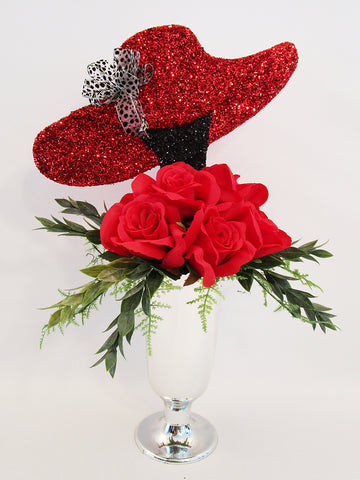 Small red floppy hat silk floral centerpiece - Designs by Ginny