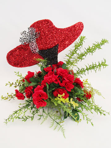 Small red floppy hat styrofoam centerpiece- Designs by Ginny