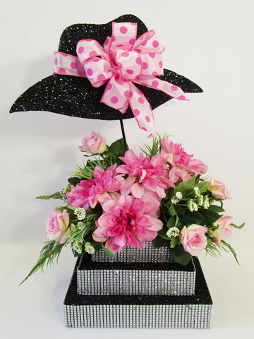 Cloche hat centerpiece with silk florals - Designs by Ginny