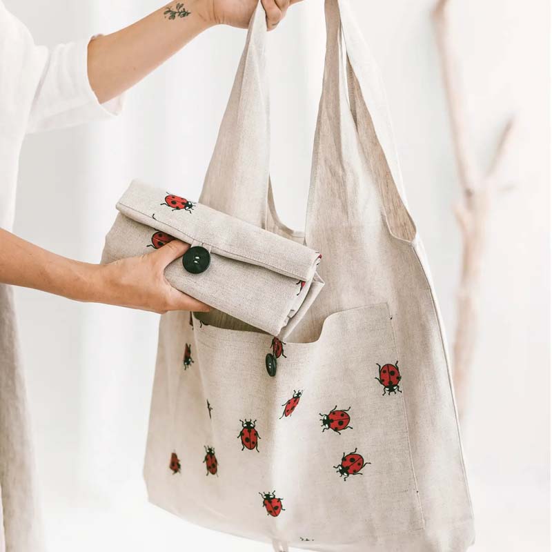 Foldable Linen Shopper Tote – Ladybugs