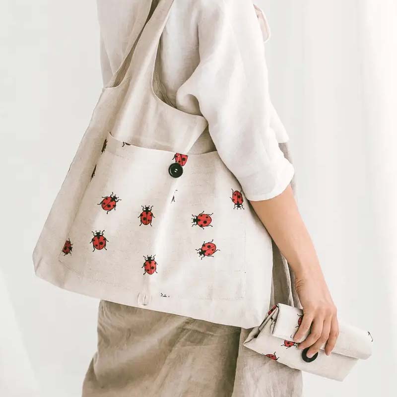 Foldable Linen Shopper Tote – Ladybugs