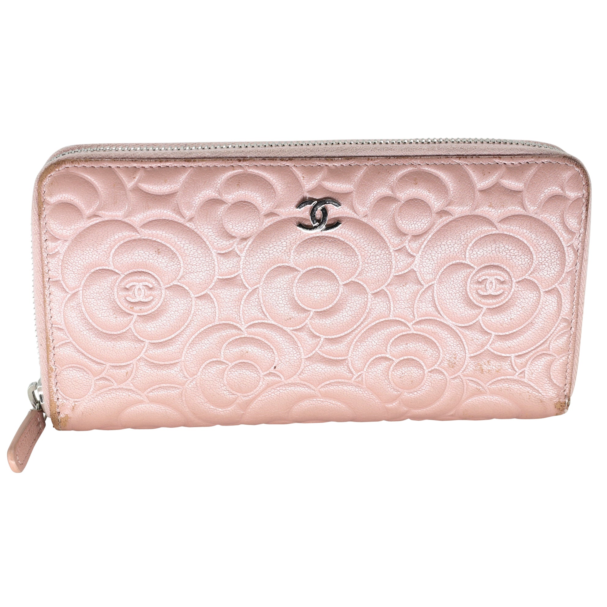 Authentic CHANEL Camellia Leather Around Zip Long Wallet #21369