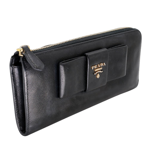 Prada Black Saffiano Bow Zip Around Wallet QNA1923RKB005
