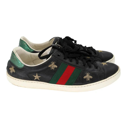 Gucci Black Leather Ace Bees and Stars Embroidered Low Top Sneakers Size  45.5 Gucci