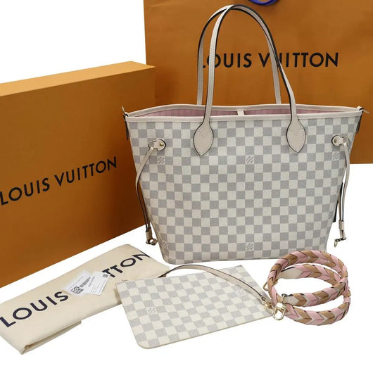 Rare! Louis Vuitton Damier Azur Neverfull MM SL Rose Pink Braided Strap