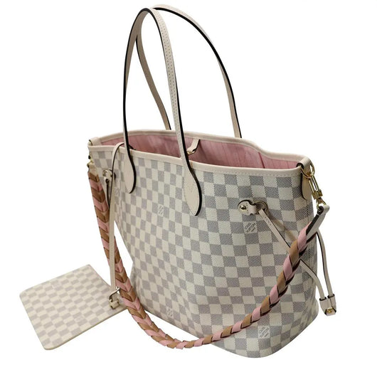 Rare! Louis Vuitton Damier Azur Neverfull MM SL Rose Pink Braided Strap!