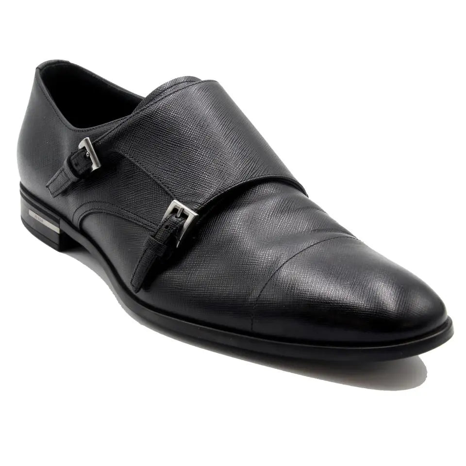 Prada Black Double Saffiano Leather Monk Mens Elegant Formal Shoes – MISLUX