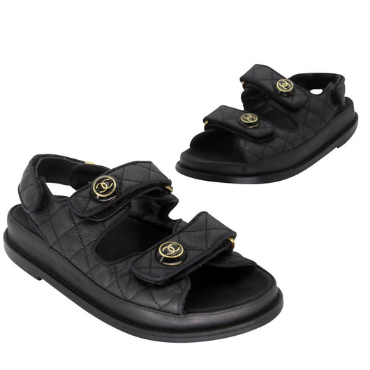 Chanel Black Leather Quilted Rope CC Flat Sandals Size 38