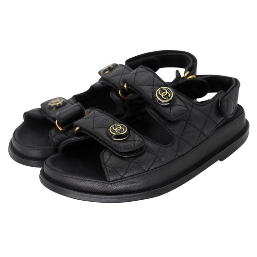 Chanel Cambon 36C Leather Quilted CC Button Dad Sandals CC