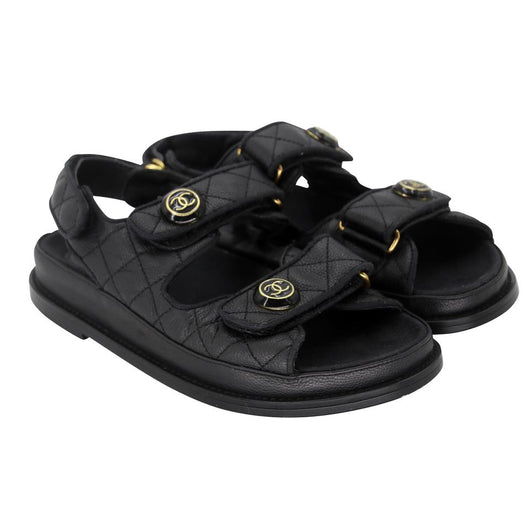 Chanel Cambon 36C Leather Quilted CC Button Dad Sandals CC