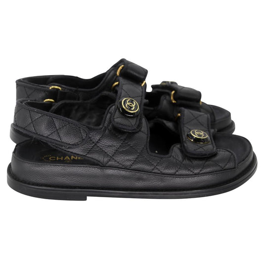 Chanel Cambon 36C Leather Quilted CC Button Dad Sandals CC