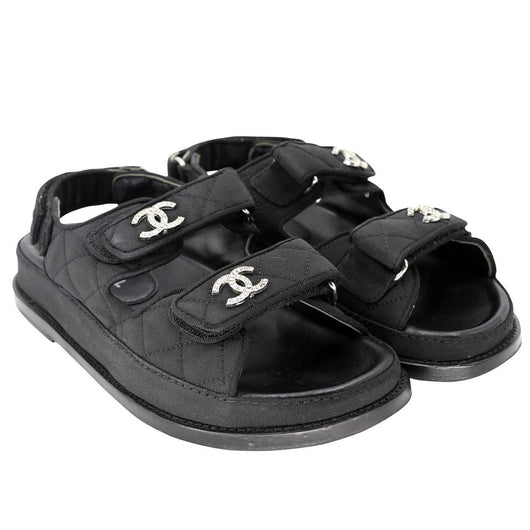 Chanel CC Strap 38 C Quilted Diamond Leather Dad Sandals CC