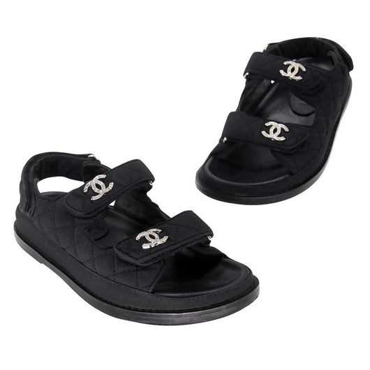 Chanel Black Quilted Corduroy CC Dad Sandals Size 7.5/38 - Yoogi's Closet