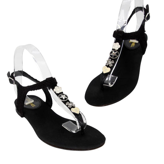 Chanel Black Leather Faux Pearl Thong Sandals Size 38 at 1stDibs