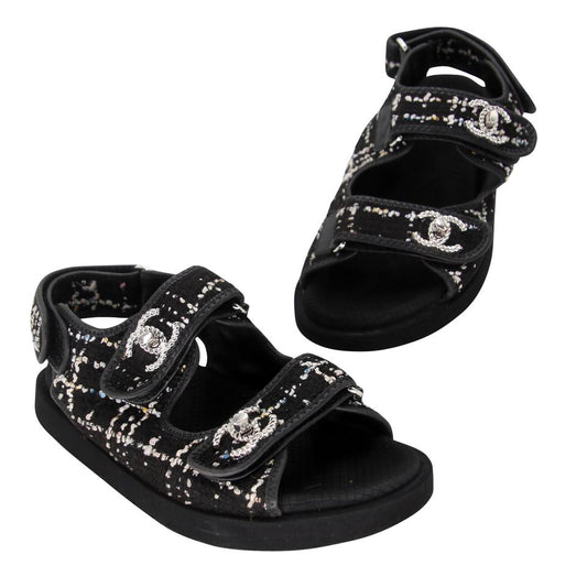 Chanel Dad 39 Tweed Fabric and Leather CC Sandals CC-S0207N-0003