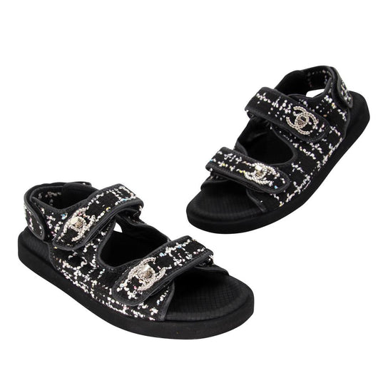 CHANEL Dad Sandals in Black And Multicolor Tweed and Lambskin 36