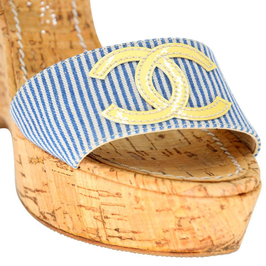 Chanel Slide Sandals 35/4 Stripe Canvas Cc Logo Wedges CC-0407N-0112