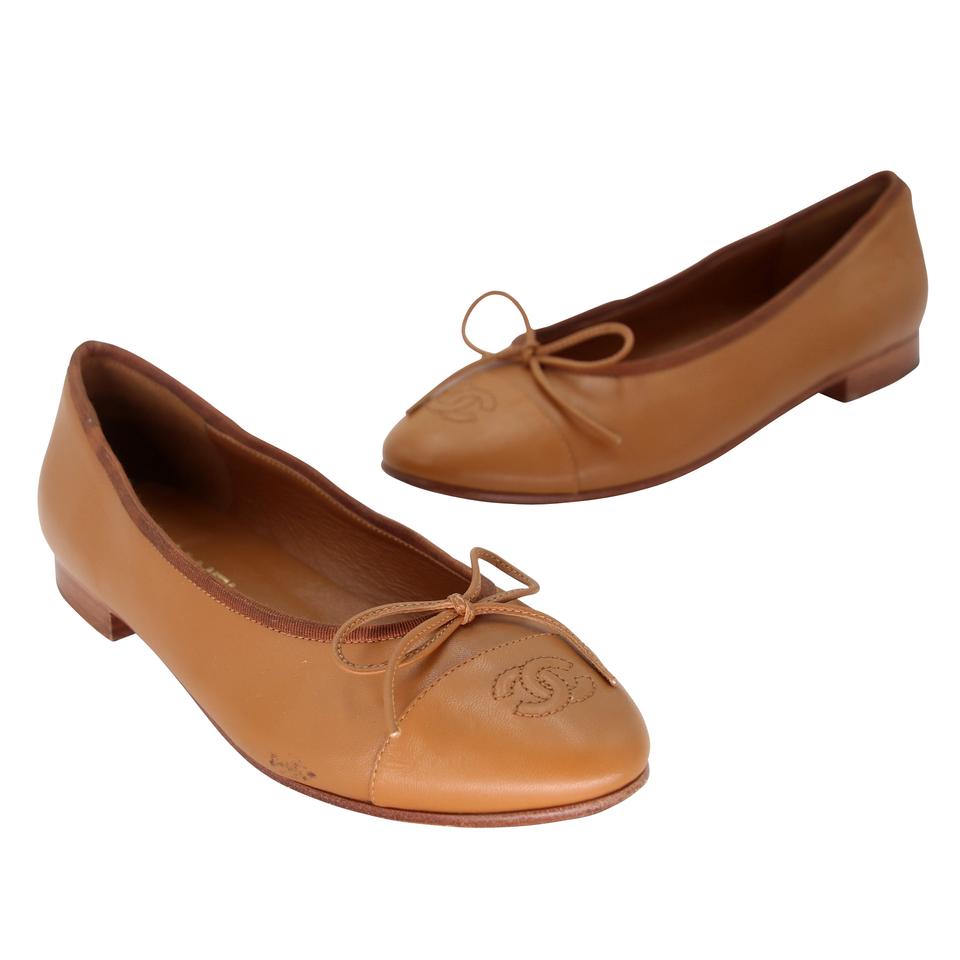 Chanel Brown Leather CC Bow Ballet Flats Size 38 Chanel