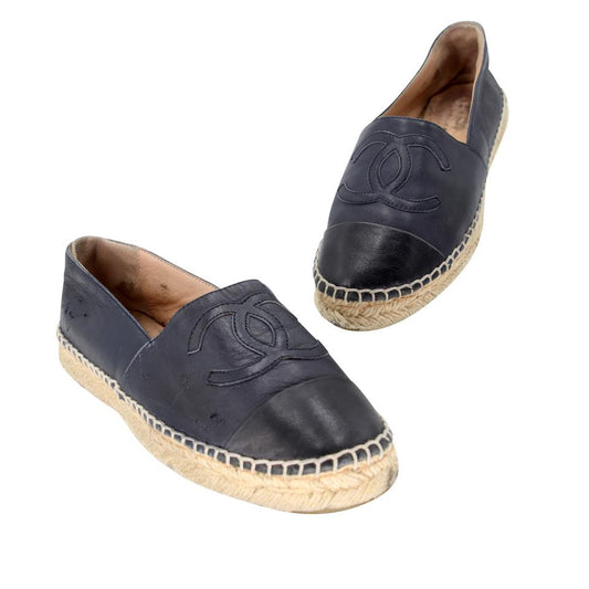 CHANEL CC Logo navy lambskin leather jute espadrilles shoes EU38