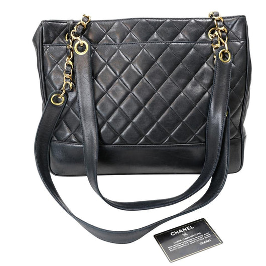 Chanel Matelasse Quilted Black Shimmer Leather Chain Shoulder Tote Bag