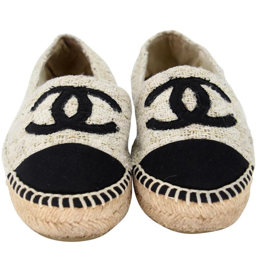 Chanel Espadrille 37 Tweed Canvas Leather Cc Cap-toe Flats CC