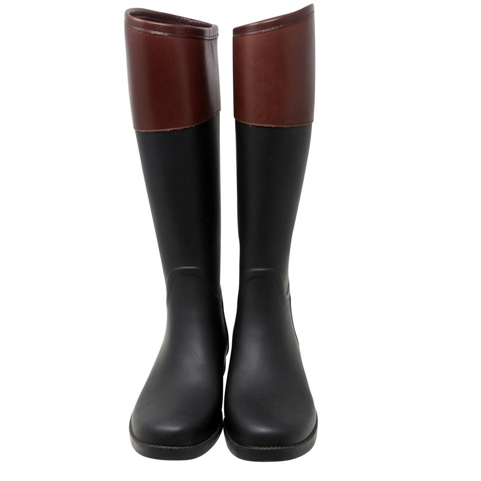 Tory Burch Black Brown Logo Leather and Rubber Flat Rain Boots Booties –  MISLUX