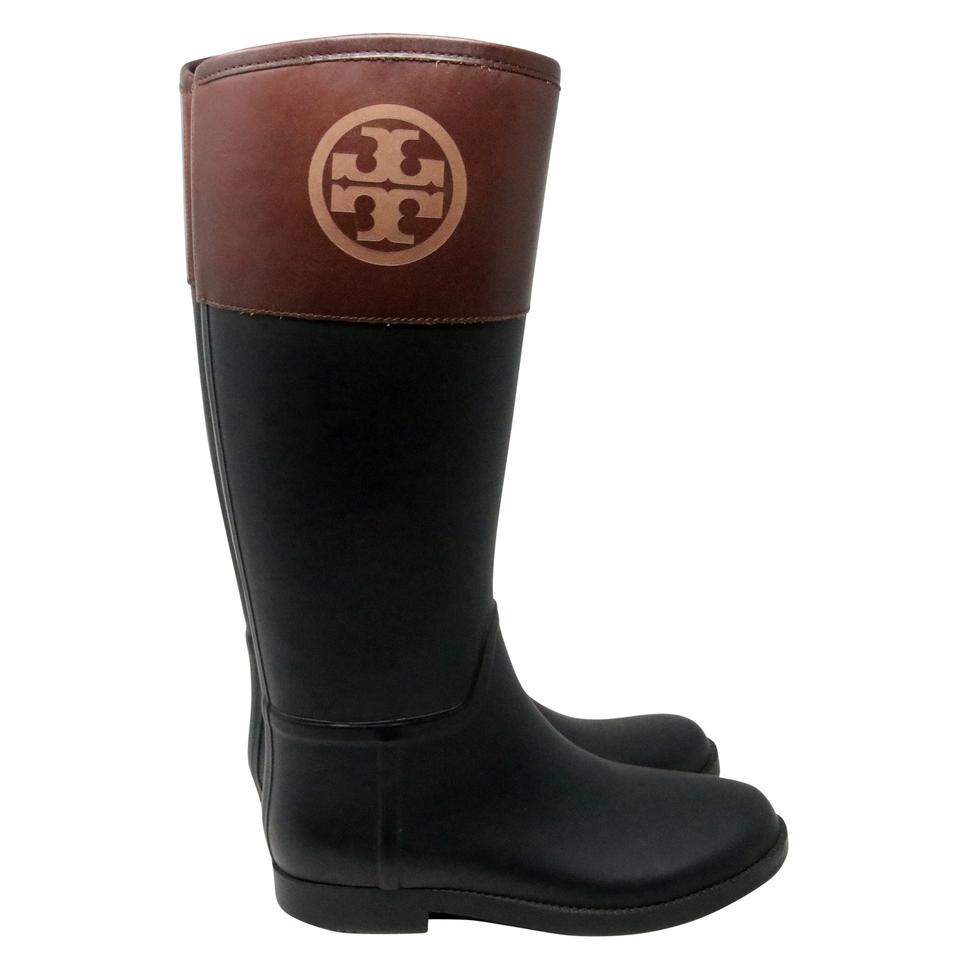 Tory Burch Black Brown Logo Leather and Rubber Flat Rain Boots Booties –  MISLUX