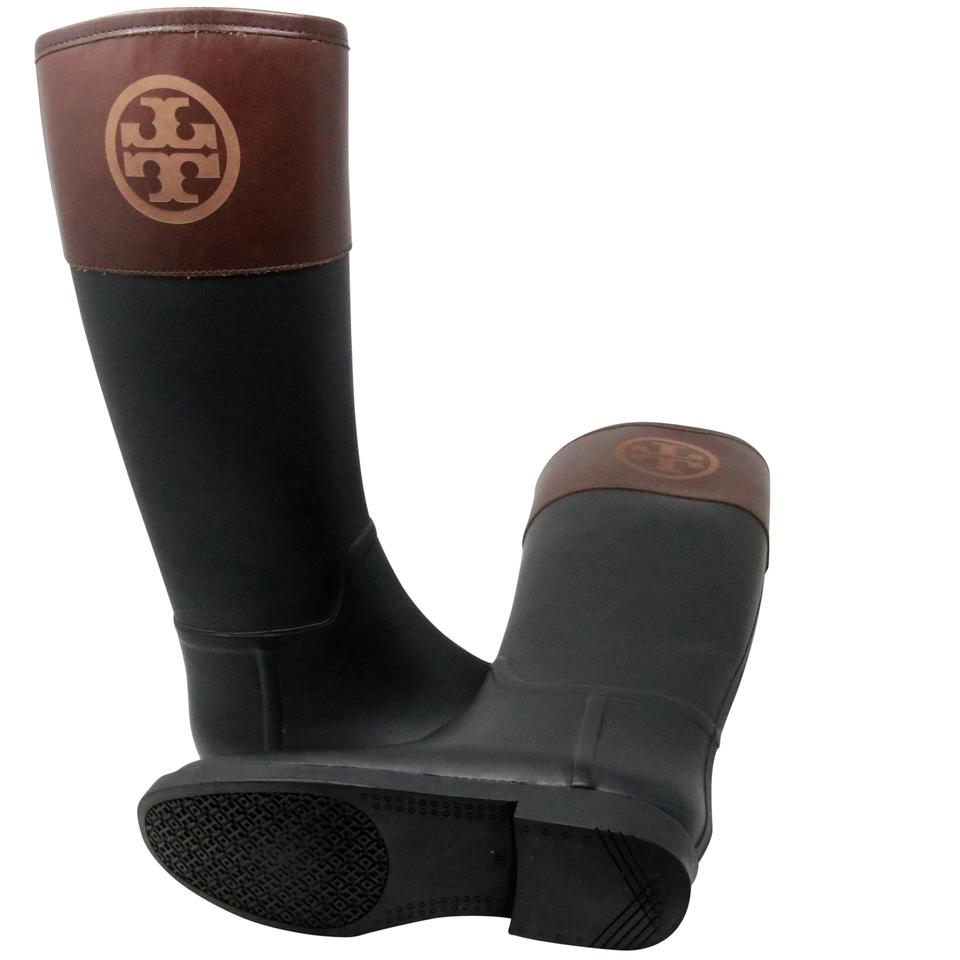 Tory Burch Black Brown Logo Leather and Rubber Flat Rain Boots Booties –  MISLUX