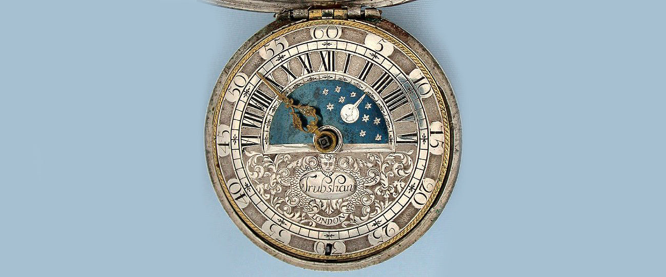 An English made Sun and Moon watch dating from 1695 made by John Trubshaw. 
