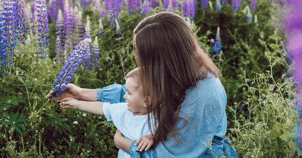 mother and son in a lavender field