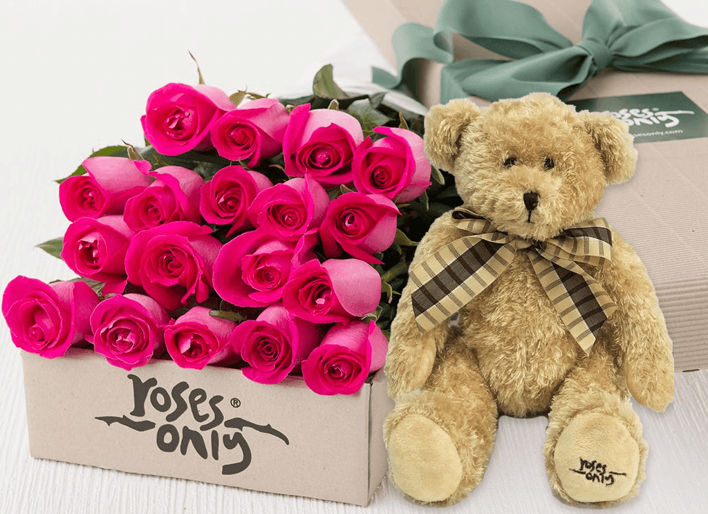 pink roses with teddy bear