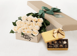 18 White Cream Roses Gift Box Gold Godiva Chocolates Roses Only