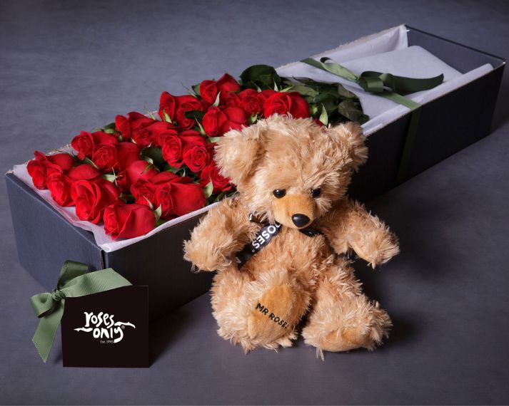 Image of Valentine's Day Flowers - 20 Red Roses & Teddy Bear
