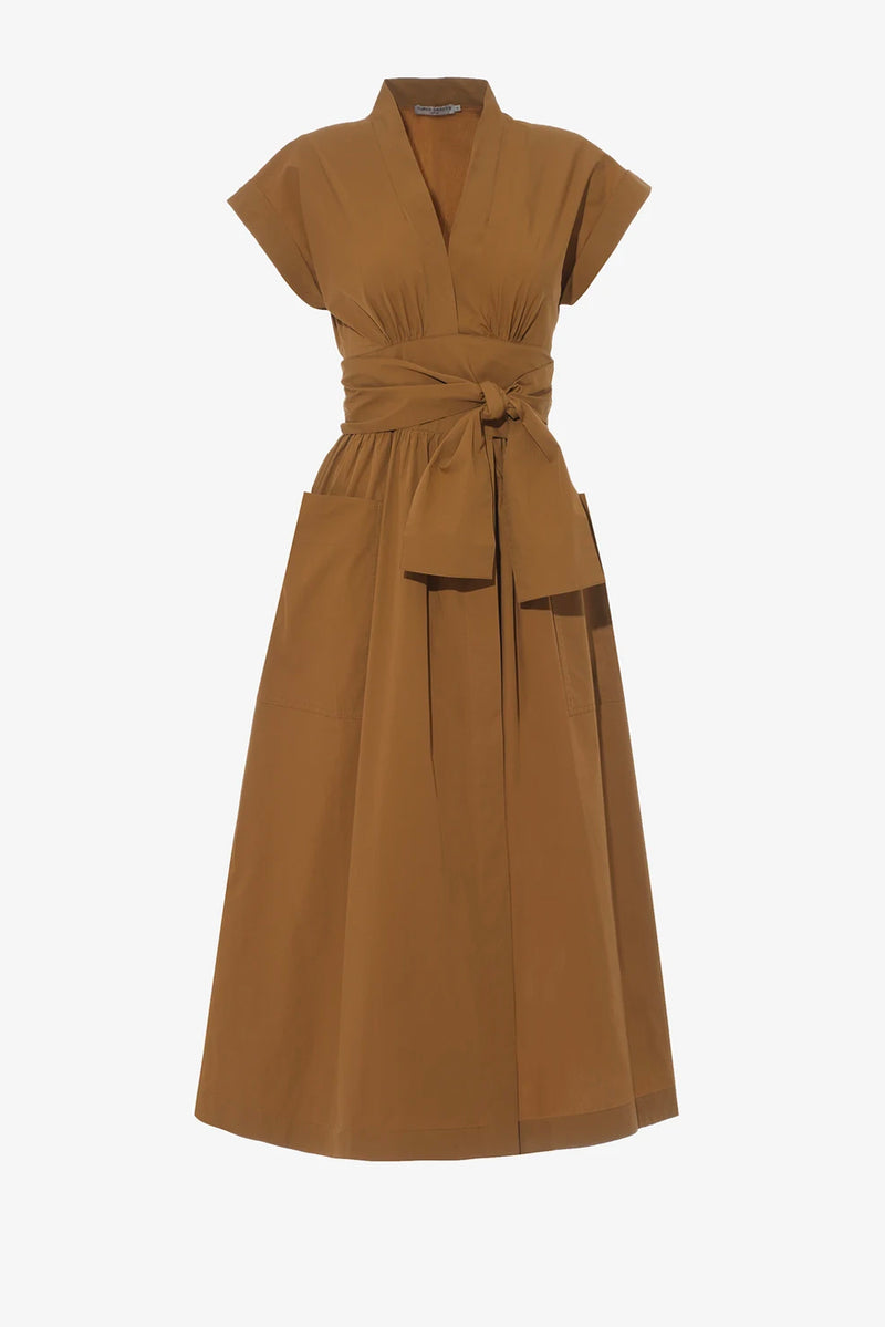 Clarissa Cotton Poplin Classic Midi Dress in Tan