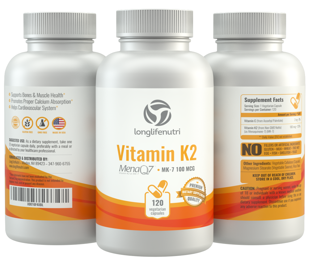 Vitamin K2 MK7 100 Mcg 120 Veggie Capsules LongLifeNutri