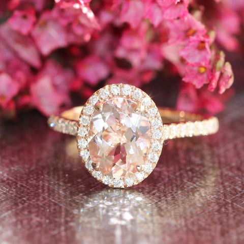 Halo Diamond and Morganite Engagement Ring in 14k Rose Gold