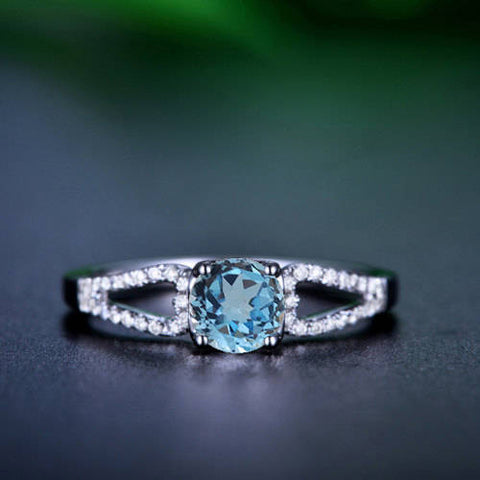 Split Band Round Cut Blue Topaz Engagement Ring 14k White Gold