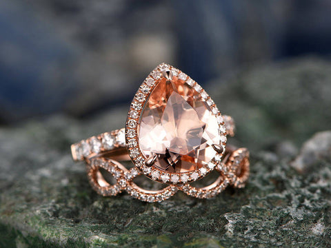 Tear Drop Morganite Engagement Ring Set Solid 14k Rose Gold