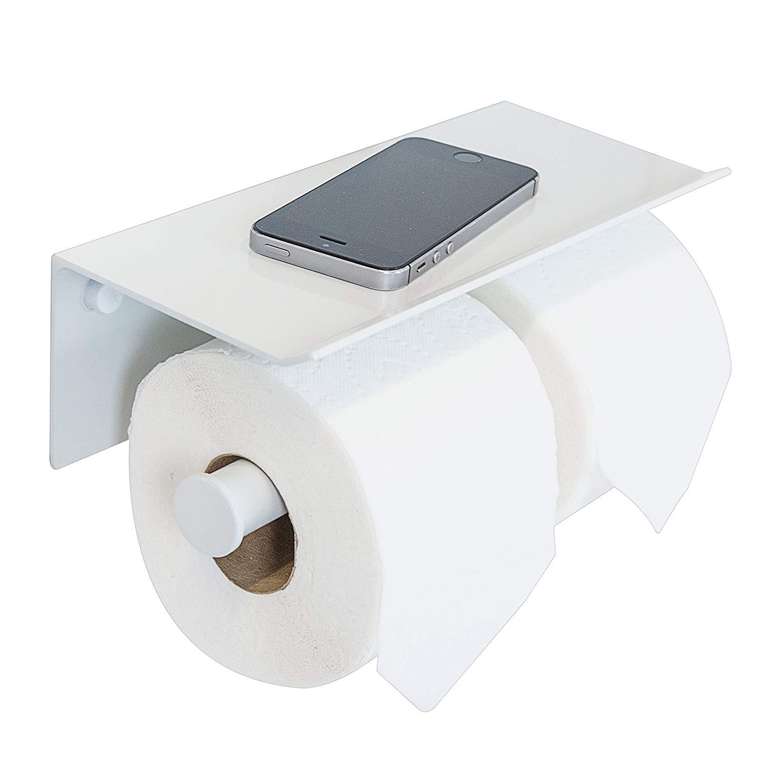 Toilet Paper Holder with Phone Shelf+ Two AdhesiveTowel Robe Hooks, Self  Adhesive or Screw Wall Mounted Toilet Paper Roll Dispenser, Rustproof