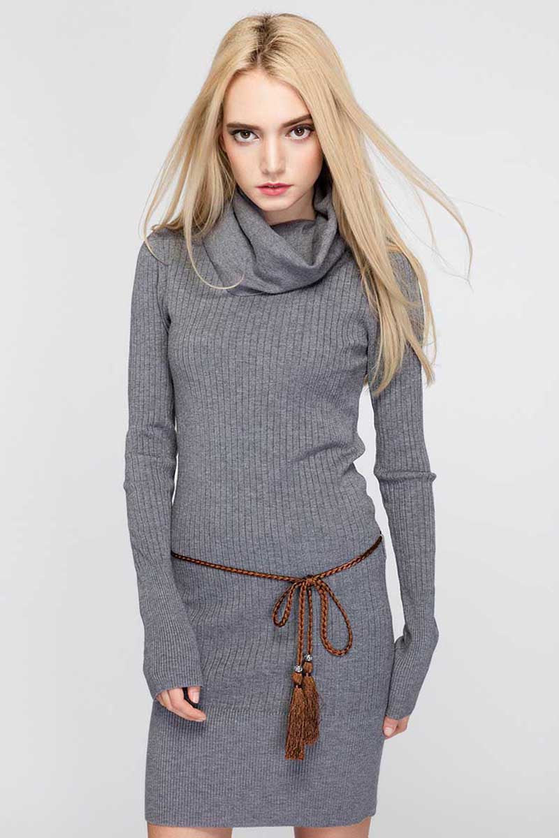 Ellady Pure Color Long-sleeved Knitted Sweater Dress