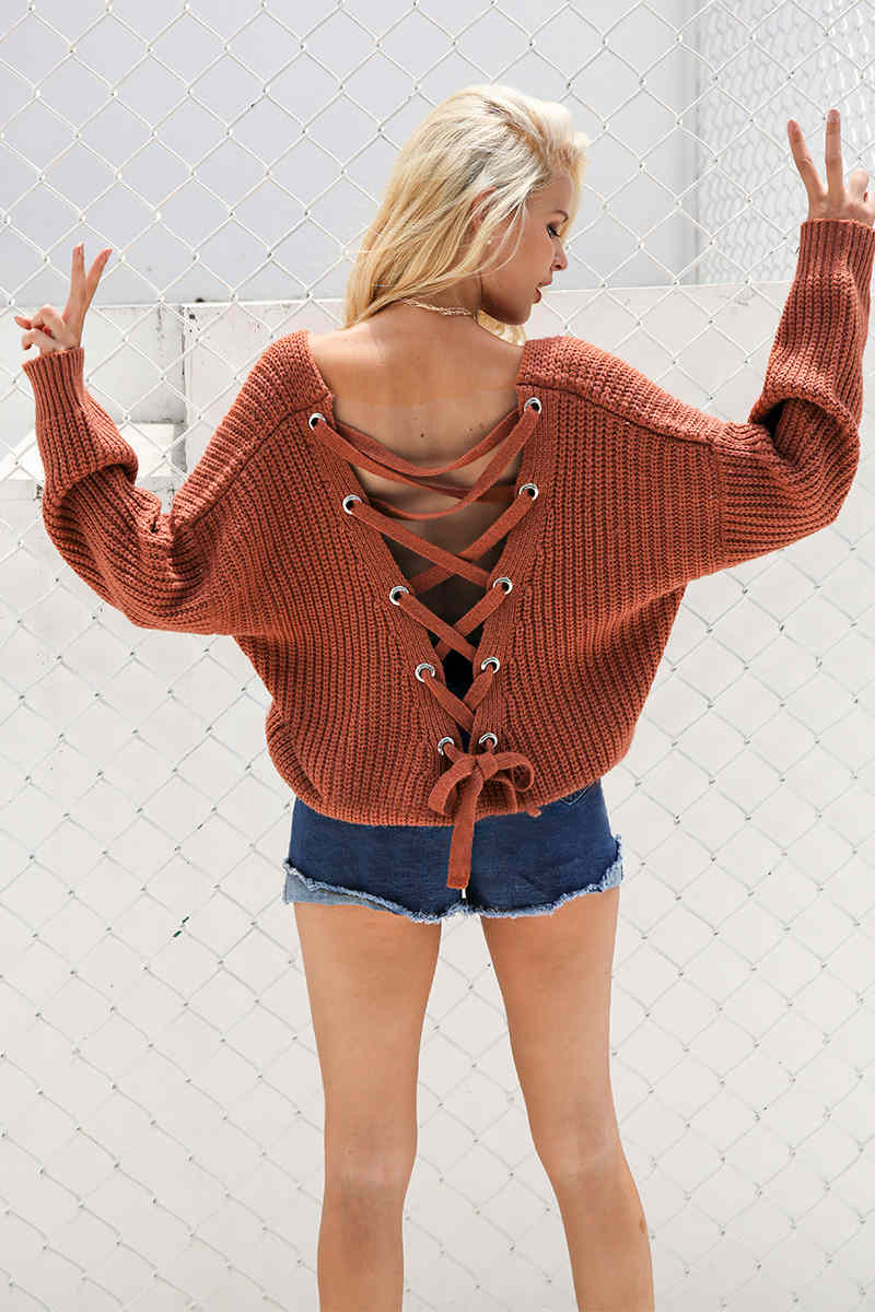 Backless Knitting Pullover Lace Up Jumper