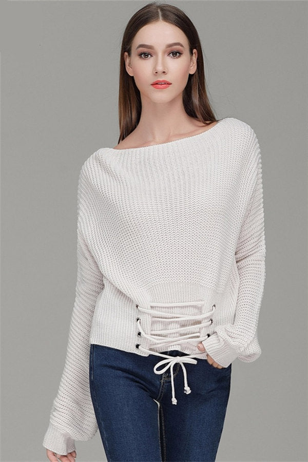 Loose Knitted Pullover Lace Up Sweater
