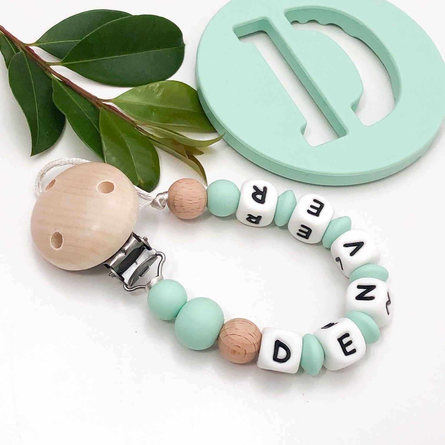 Personalised NAME Silicone Dummy Holder Clip one.chew.three teething