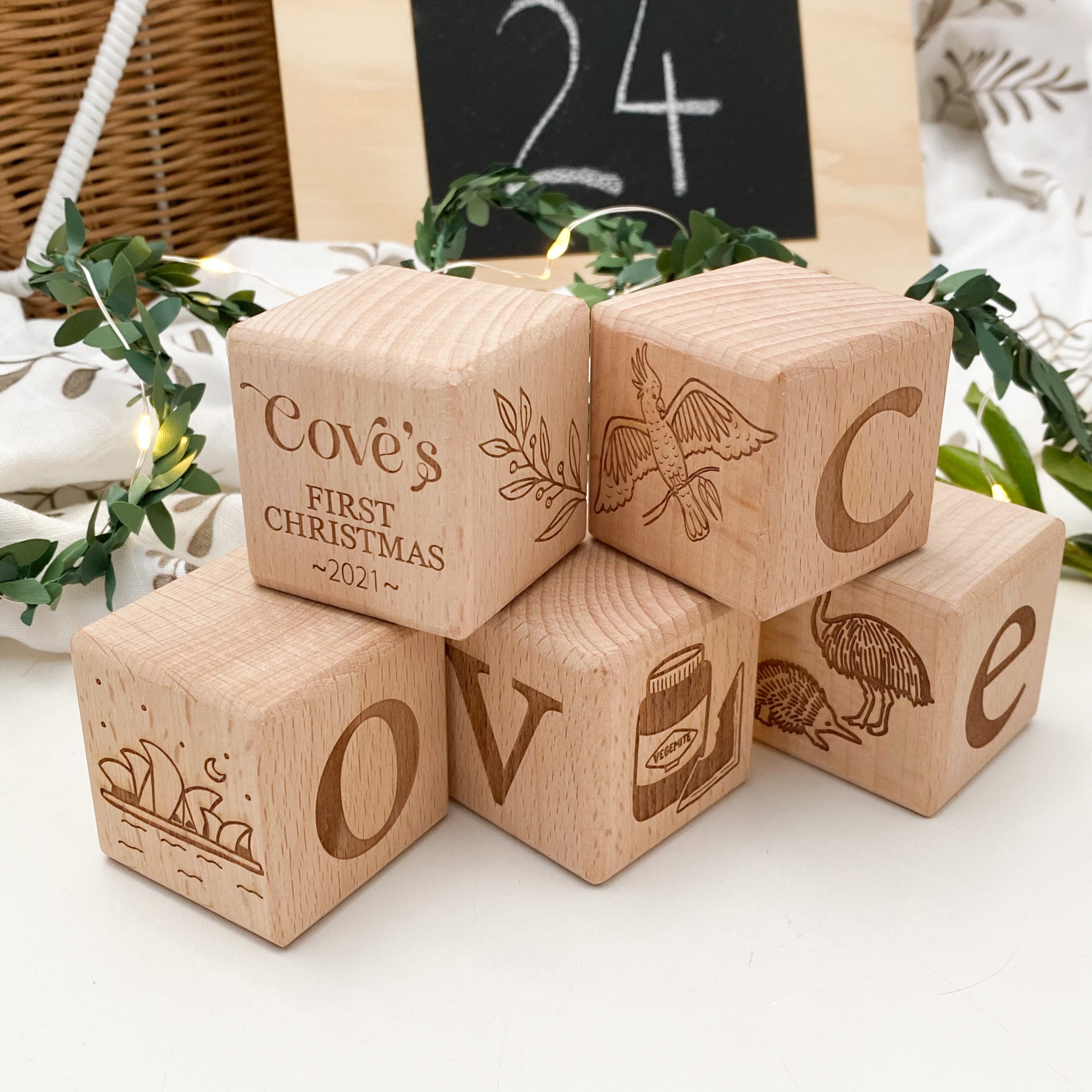 Floral Wooden Block Toys With Full Alphabet Laser Engraved